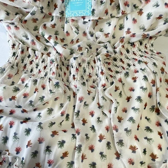 NWT Hayden Floral Cream Mini Dress Smock Ruffle Short Sleeve M Y2K Boho Whimsy - Picture 5 of 9